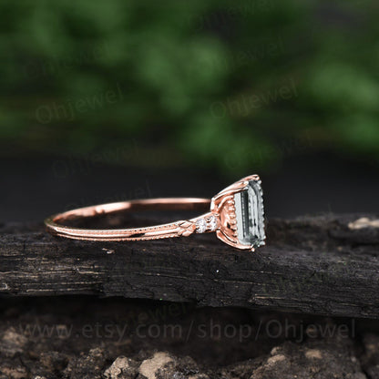 6x8mm emerald cut moonstone engagement ring vintage rose gold Milgrain ring five stone diamond ring 8 prong moon ring unique bridal ring