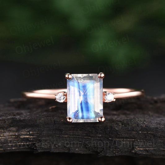Three stone ring vintage emerald cut moonstone engagement ring rose gold bridal ring unique diamond ring for women June birthstone ring gift
