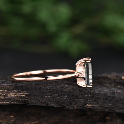 Three stone ring vintage emerald cut moonstone engagement ring rose gold bridal ring unique diamond ring for women June birthstone ring gift