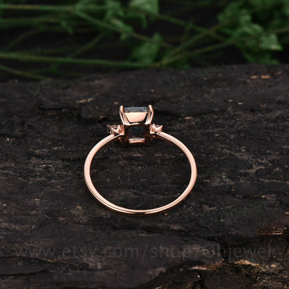 Three stone ring vintage emerald cut moonstone engagement ring rose gold bridal ring unique diamond ring for women June birthstone ring gift