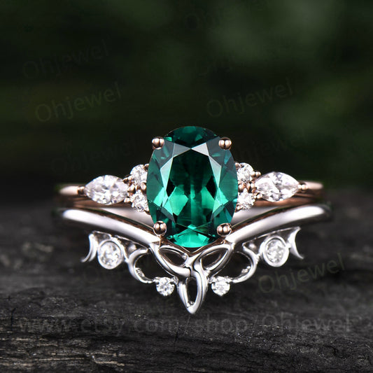 Art deco emerald engagement ring set vintage rose gold silver ring women Norse viking ring moissanite wedding set oval cut bridal ring set