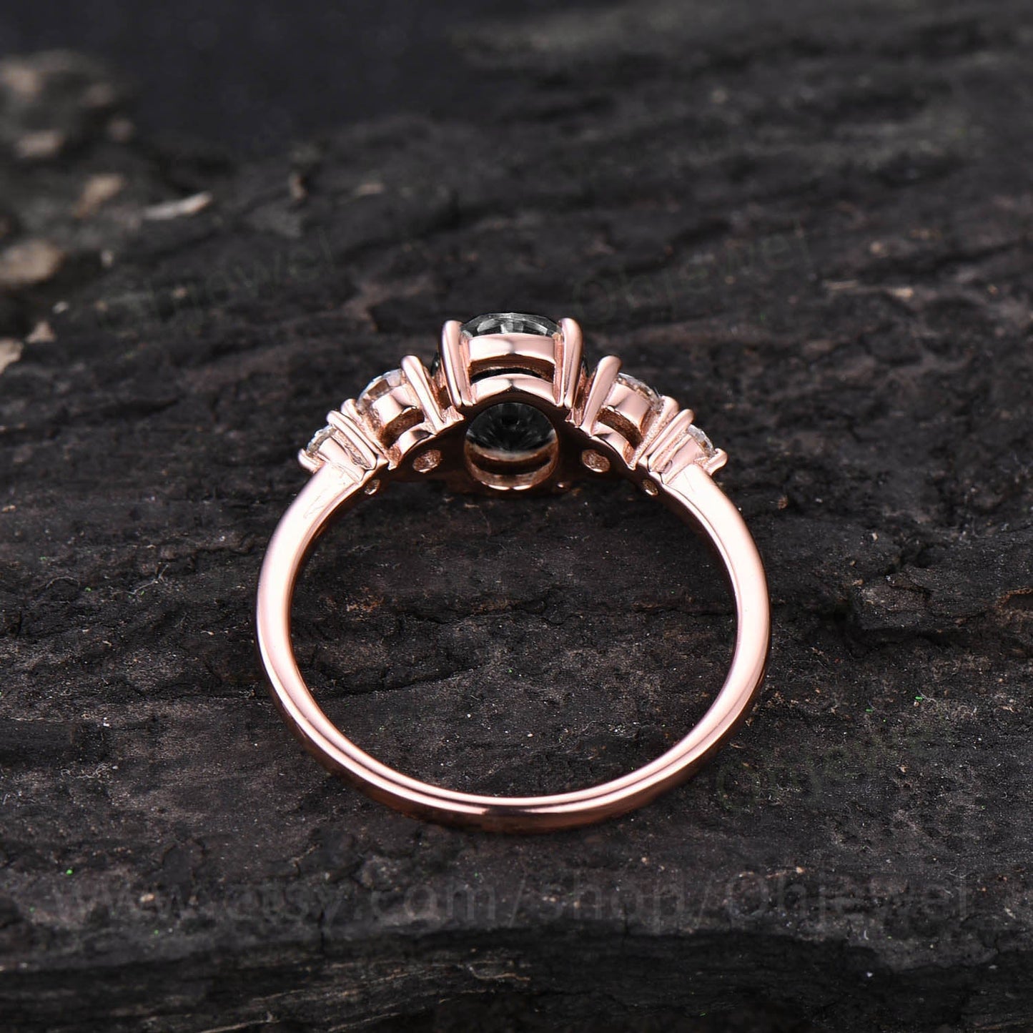 Oval cut black rutilated quartz engagement ring rose gold five sotne moissanite vintage Art deco Dainty unique Anniversary promise ring gift
