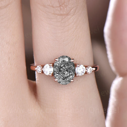Oval cut black rutilated quartz engagement ring rose gold five sotne moissanite vintage Art deco Dainty unique Anniversary promise ring gift
