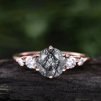 Round cut black rutilated quartz engagement ring rose gold silver vintage moissanite ring art deco dainty Anniversary promise ring set gift