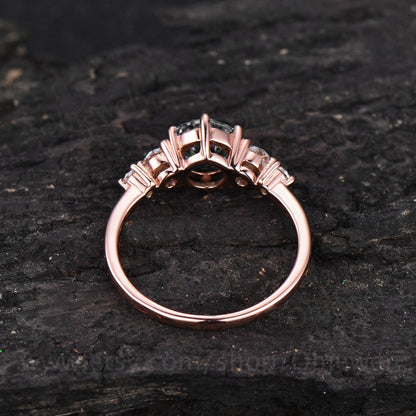 Round cut black rutilated quartz engagement ring rose gold silver vintage moissanite ring art deco dainty Anniversary promise ring set gift