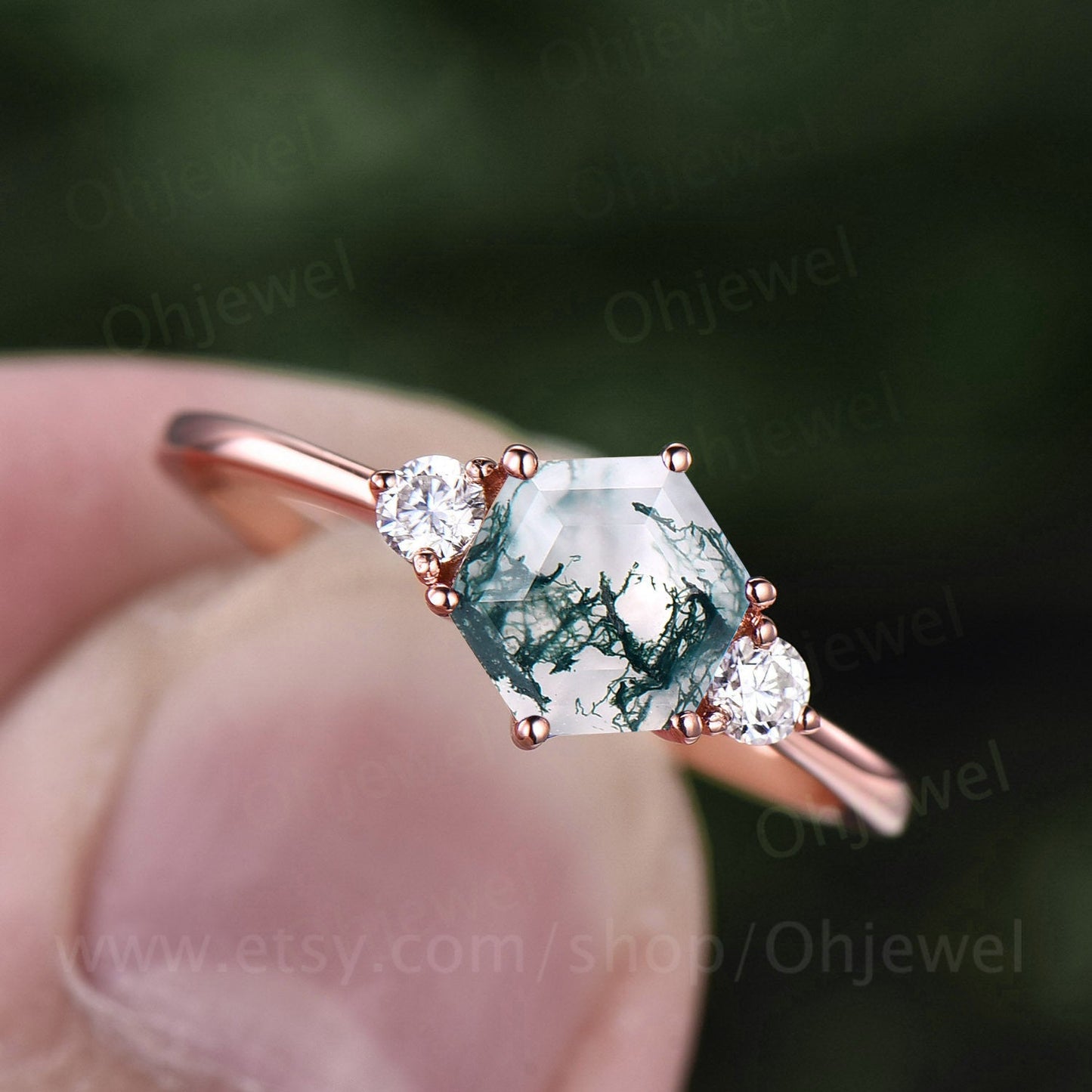 Hexagon moss agate ring vintage green moss agate engagement ring rose gold three stone moissanite ring for women six prong bridal ring gift