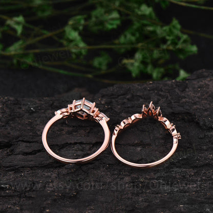 Hexagon moss agate engagement ring set art deco vintage moss agate ring rose gold silver ring dainty moissanite ring women birdal ring set