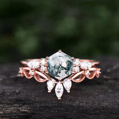 Hexagon moss agate engagement ring set art deco vintage moss agate ring rose gold silver ring dainty moissanite ring women birdal ring set