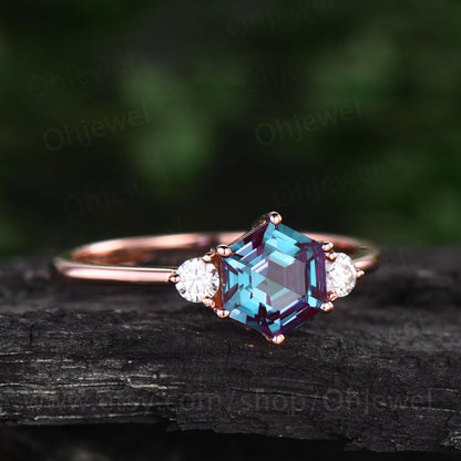Hexagon Alexandrite ring for women vintage Alexandrite engagement ring rose gold silver three stone ring moissanite anniversary ring set