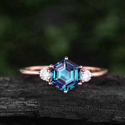 Hexagon Alexandrite ring for women vintage Alexandrite engagement ring rose gold silver three stone ring moissanite anniversary ring set