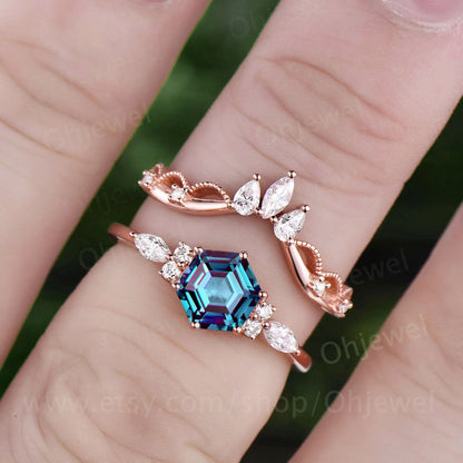 Hexagon Alexandrite engagement ring set art deco rose gold silver 7 stone ring moissanite ring set dainty custom ring bridal wedding set
