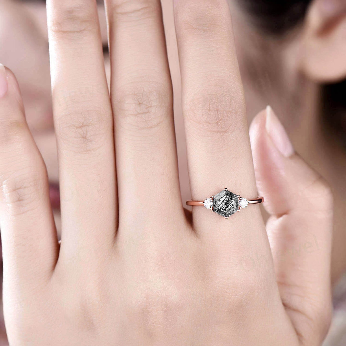 Hexagon black rutilated quartz engagement ring for women vintage three stone moissanite ring rose gold dainty ring silver anniversary ring
