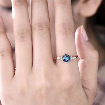 Hexagon Alexandrite engagement ring art deco rose gold silver ring 7 stone vintage moissanite ring for women promise anniversary ring gift