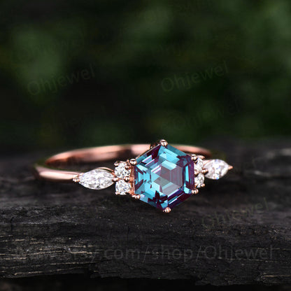 Hexagon Alexandrite engagement ring art deco rose gold silver ring 7 stone vintage moissanite ring for women promise anniversary ring gift