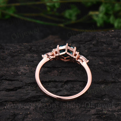 Hexagon Alexandrite engagement ring art deco rose gold silver ring 7 stone vintage moissanite ring for women promise anniversary ring gift