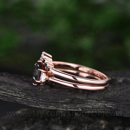 Hexagon black rutilated quartz engagement ring set three stone rose gold silver ring black diamond ring women moissanite wedding set gift