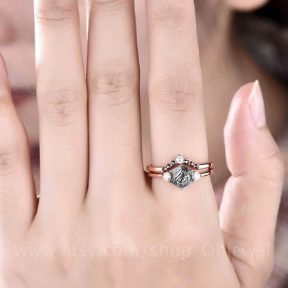 Hexagon black rutilated quartz engagement ring set three stone rose gold silver ring black diamond ring women moissanite wedding set gift