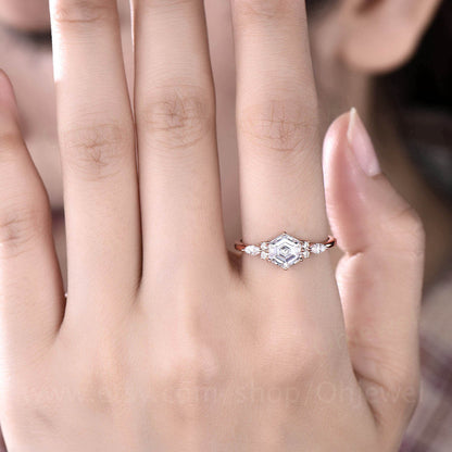 Hexagon moissanite ring for women vintage moissanite engagement ring art deco rose gold dainty ring silver six prong bridal promise ring