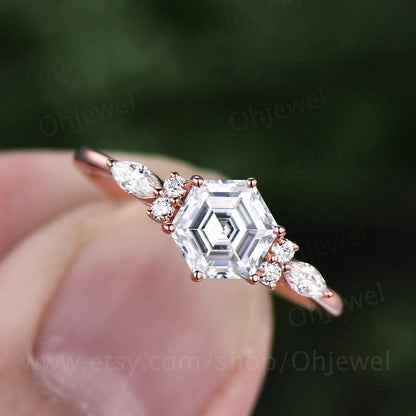 Hexagon moissanite ring for women vintage moissanite engagement ring art deco rose gold dainty ring silver six prong bridal promise ring