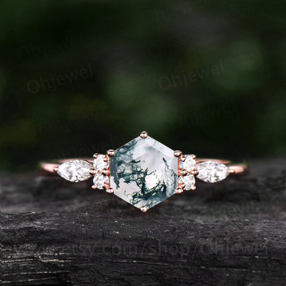 Hexagon moss agate ring dainty vintage green moss agate engagement ring art deco 7 stone moissanite ring rose gold for women promise ring