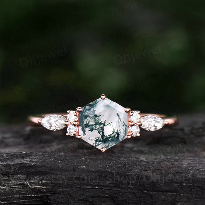 7mm Hexagon cut green moss agate engagement ring white gold 6 prong marquise unique engagement ring for women vintage diamond wedding ring