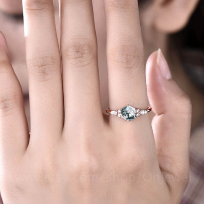 Hexagon moss agate ring dainty vintage green moss agate engagement ring art deco 7 stone moissanite ring rose gold for women promise ring