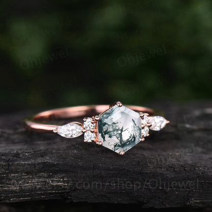 Hexagon moss agate ring dainty vintage green moss agate engagement ring art deco 7 stone moissanite ring rose gold for women promise ring