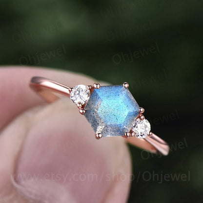 Hexagon Labradorite ring gold silver vintage Labradorite engagement ring three stone rose gold moissanite wedding bridal anniversary ring