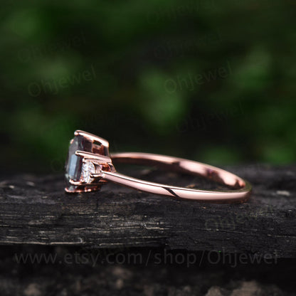Hexagon Labradorite ring gold silver vintage Labradorite engagement ring three stone rose gold moissanite wedding bridal anniversary ring