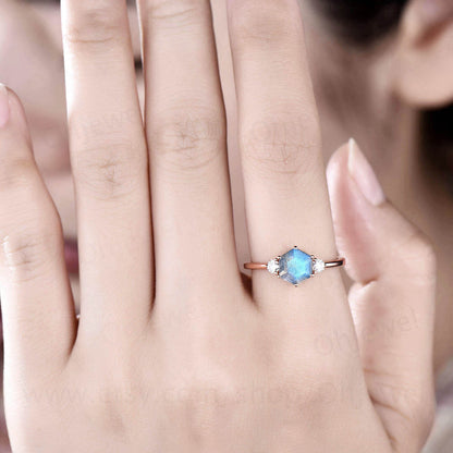 Hexagon Labradorite ring gold silver vintage Labradorite engagement ring three stone rose gold moissanite wedding bridal anniversary ring