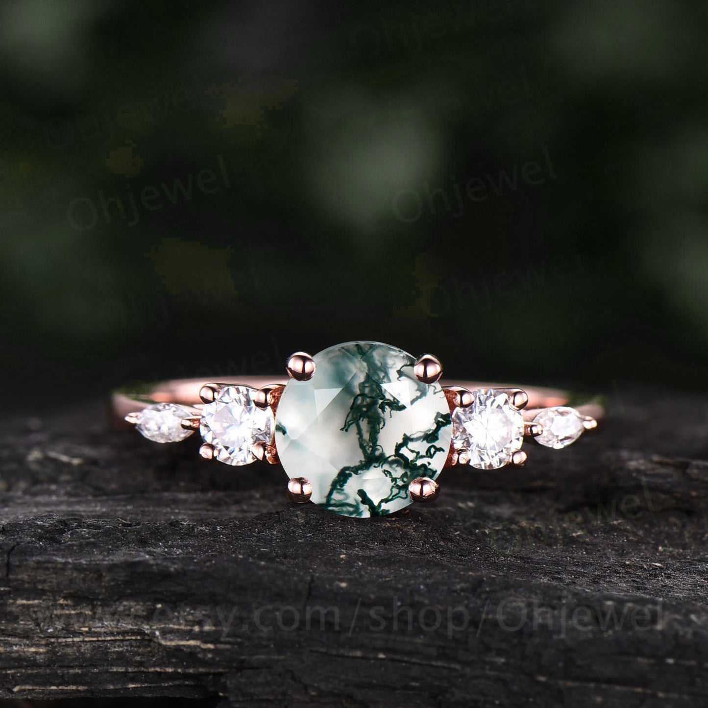 Round moss agate ring silver for women dainty vintage moss agate engagement ring art deco rose gold moissanite anniversary bridal ring gift