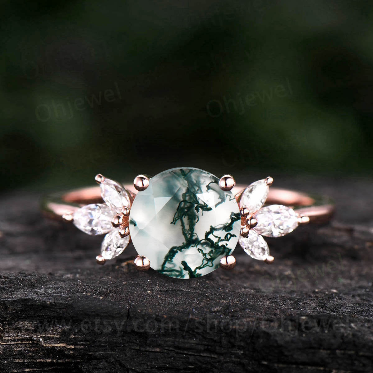 Round cut moss agate engagement ring vintage 7 stone rose gold ring marquise moissanite ring women unique wedding ring green moss ring gift
