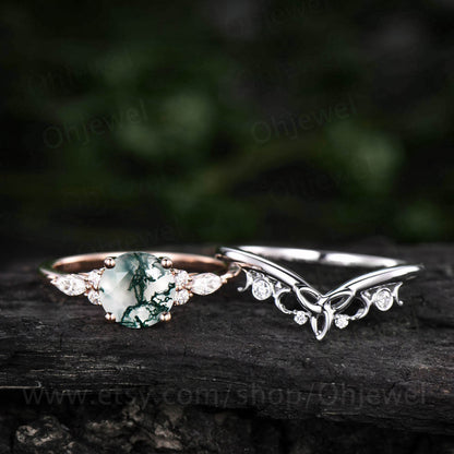 Round moss agate engagement ring set art deco vintage unique rose gold engagement ring moissanite ring for women norse viking ring Jewelry