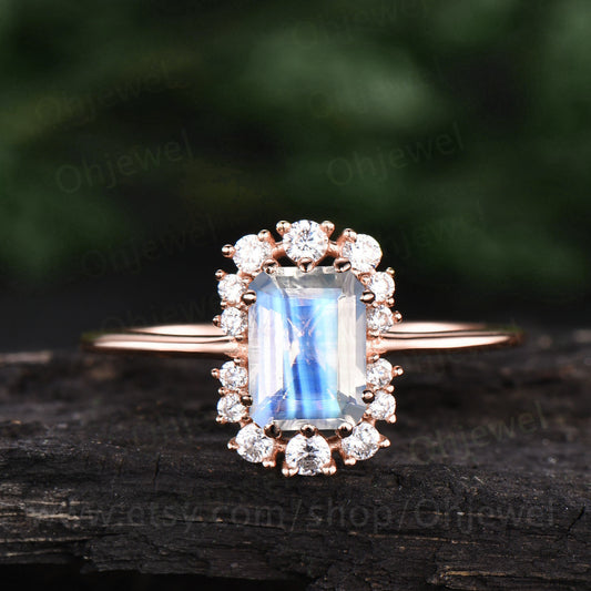 Emerald cut moonstone engagement ring rose gold vintage ring unique moissanite ring cluster halo June birthstone ring bridal wedding gift