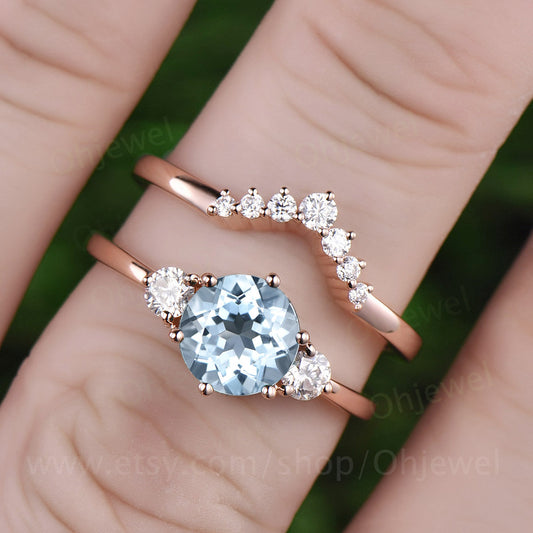 Three stone ring vintage aquamarine engagement ring set rose gold ring set women custom jewelry March birthstone ring moissanite ring set