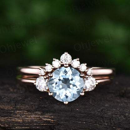 Three stone ring vintage aquamarine engagement ring set rose gold ring set women custom jewelry March birthstone ring moissanite ring set