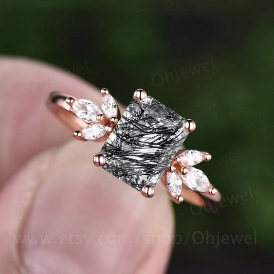 Emerald cut black quartz rutilated engagement ring vintage unique rose gold engagement ring 7 stone moissanite ring for women wedding ring