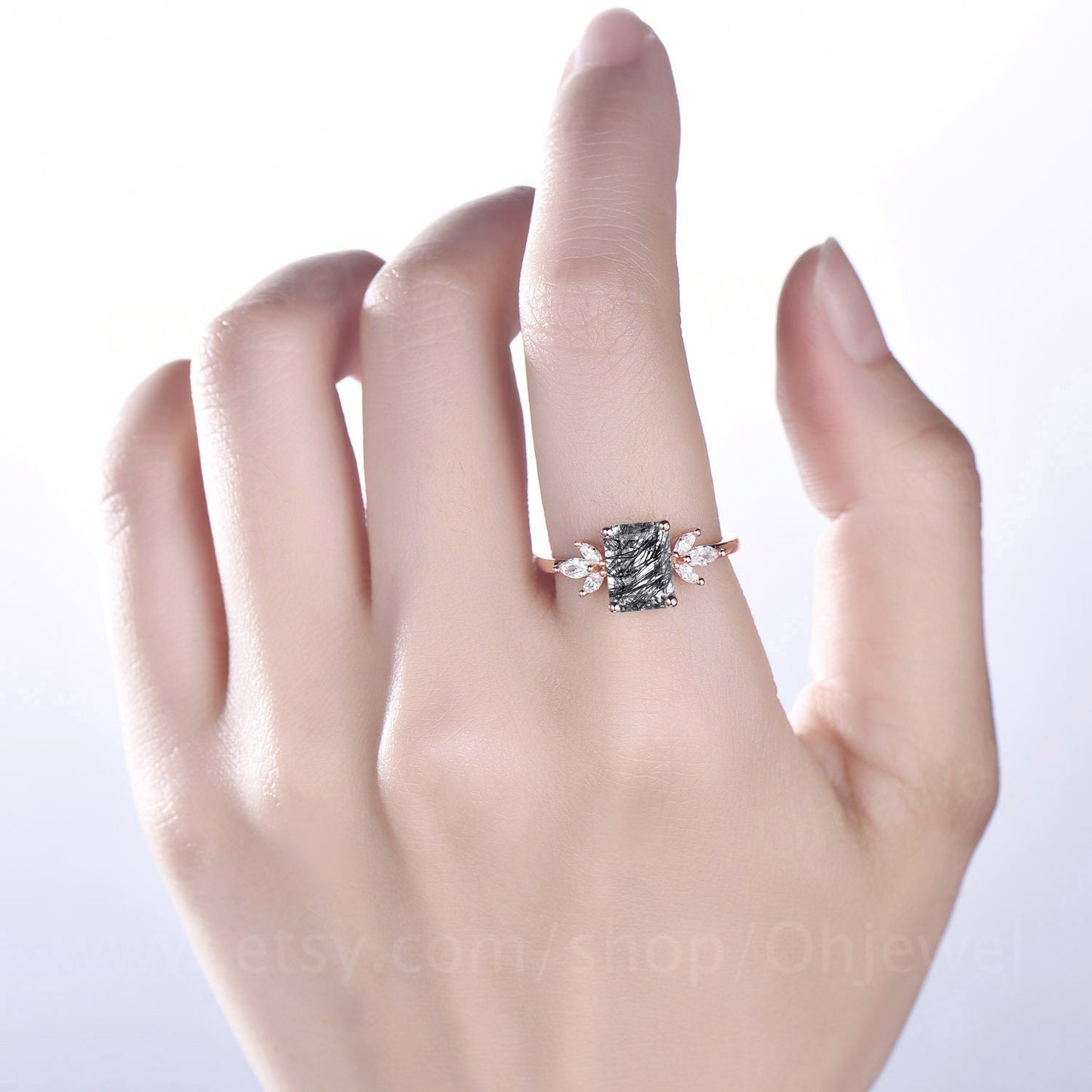 Emerald cut black quartz rutilated engagement ring vintage unique rose gold engagement ring 7 stone moissanite ring for women wedding ring