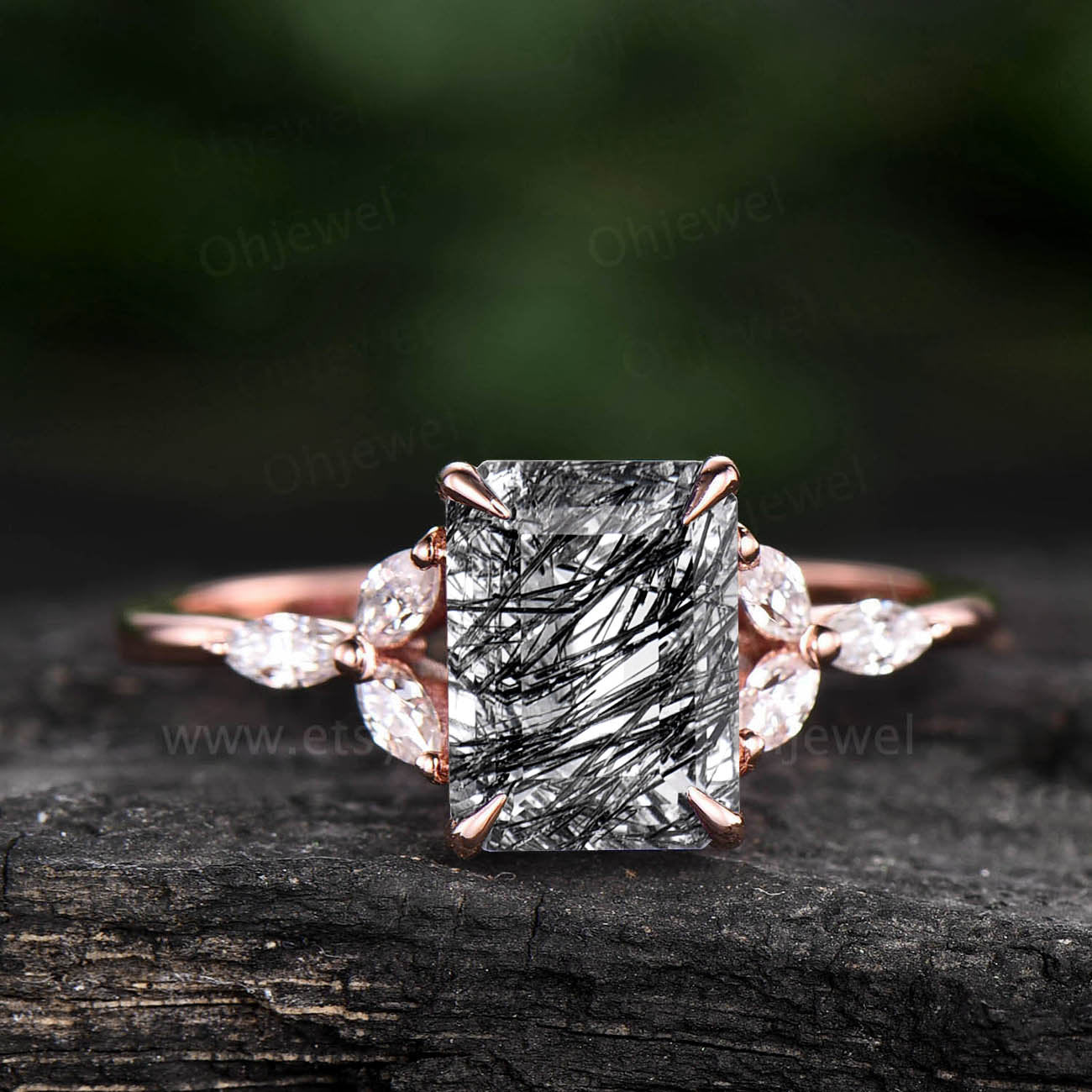 Vintage emerald cut black quartz rutilated engagement ring for women 7 stone ring art deco moissanite ring rose gold ring black stone ring