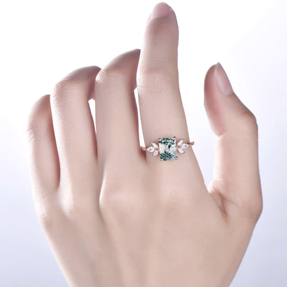 Emerald cut moss agate engagement ring vintage cluster moss agate ring rose gold 7 stone ring marquise moissanite ring unique bridal ring