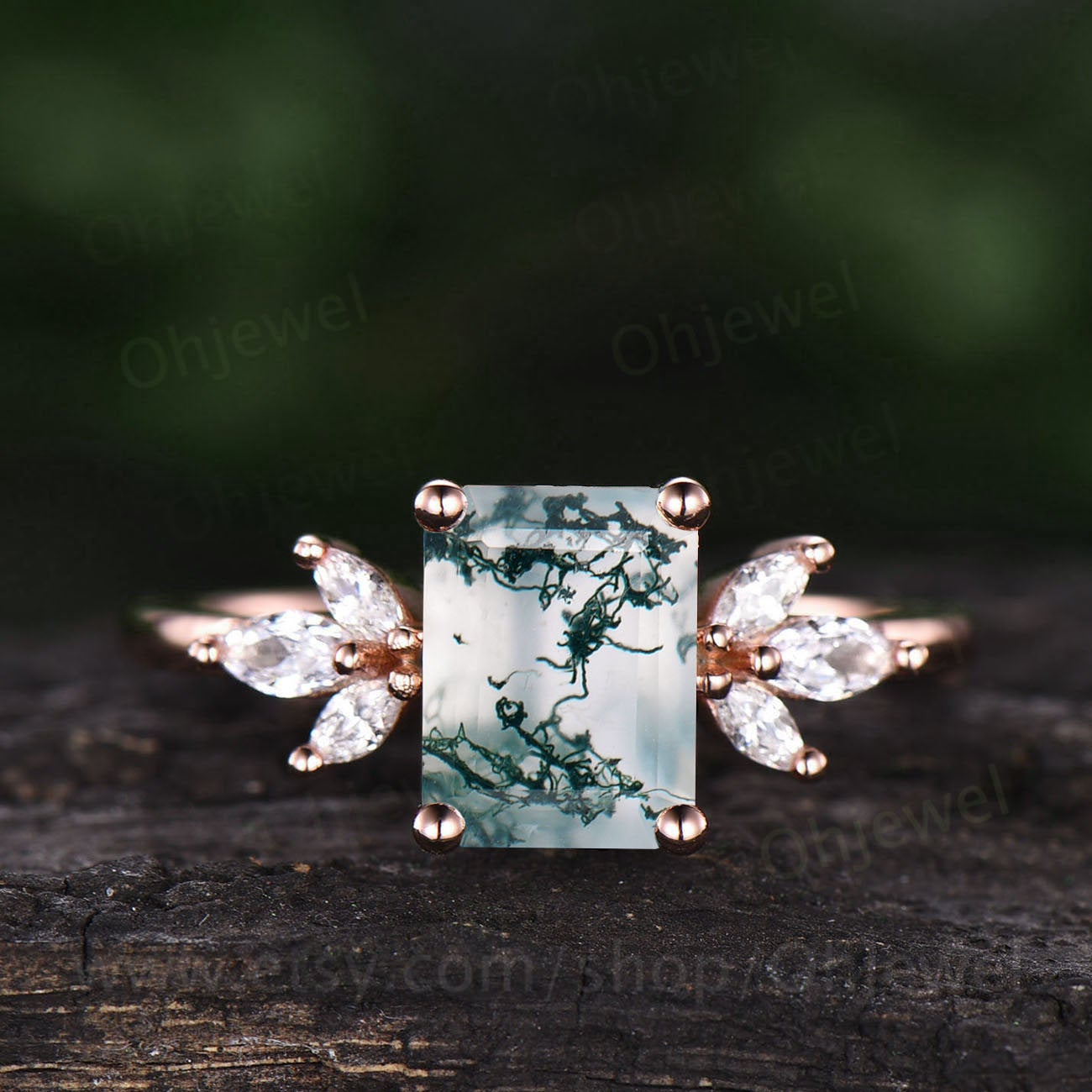 Emerald cut moss agate engagement ring vintage cluster moss agate ring rose gold 7 stone ring marquise moissanite ring unique bridal ring