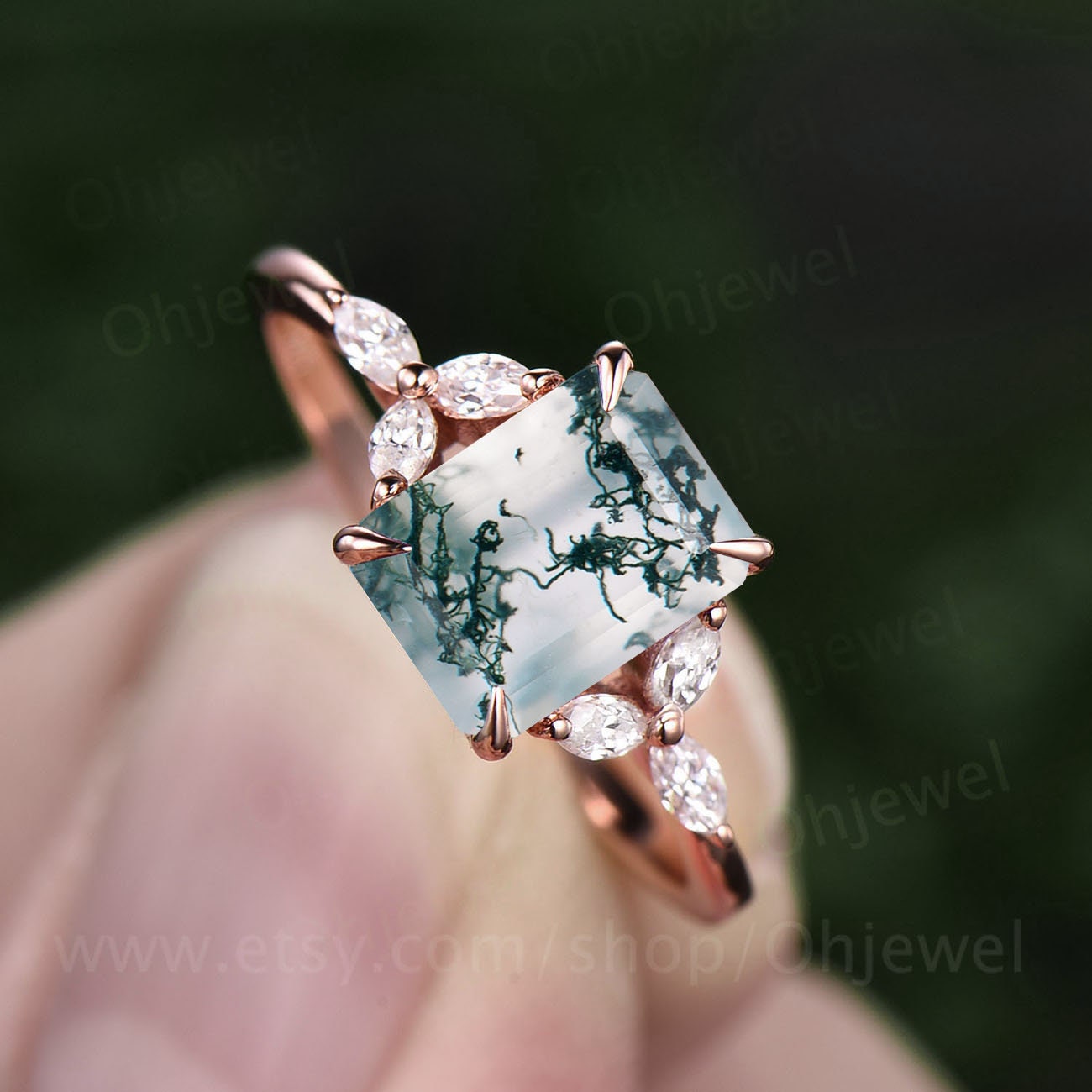 Moss agate ring vintage emerald cut moss agate engagement ring art deco flower 7 stone marquise moissanite ring rose gold silver for women