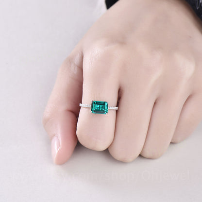 Emerald cut emerald ring for women vintage emerald engagement ring white gold unique wedding ring half eternity diamond ring promise ring