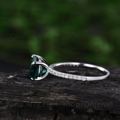Emerald cut emerald ring for women vintage emerald engagement ring white gold unique wedding ring half eternity diamond ring promise ring