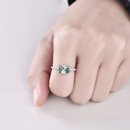 Emerald cut moss agate engagement ring vintage white gold half eternity diamond ring for women green moss ring dainty unique wedding ring