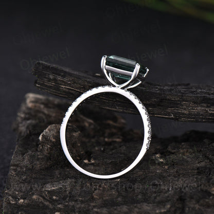 Emerald cut moss agate engagement ring vintage white gold half eternity diamond ring for women green moss ring dainty unique wedding ring