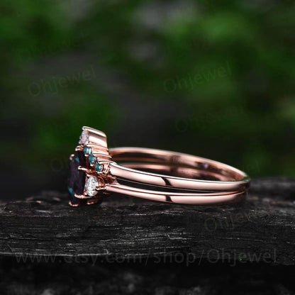Hexagon alexandrite ring gold silver vintage alexandrite engagement ring set rose gold three stone moissanite bridal wedding ring set women