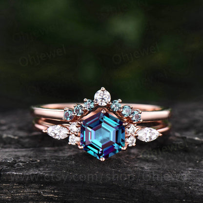 Hexagon Alexandrite ring for women vintage Alexandrite engagement ring set rose gold silver dainty ring art deco moissanite wedding ring set