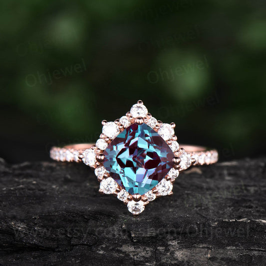 Cushion cut alexandrite engagement ring vintage rose gold ring women June birthstone ring eternity moissanite ring custom ring silver gift