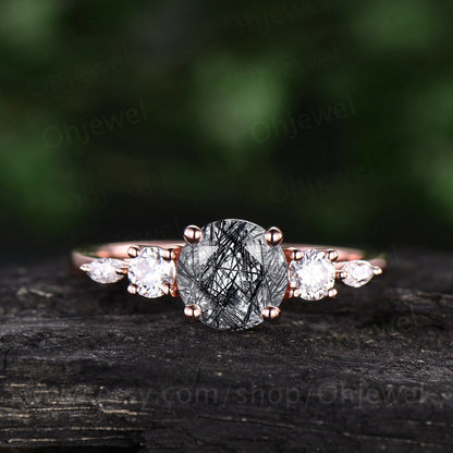 Vintage black rutilated quartz engagement ring rose gold art deco moissanite ring gold silver round cut ring promise wedding bridal ring